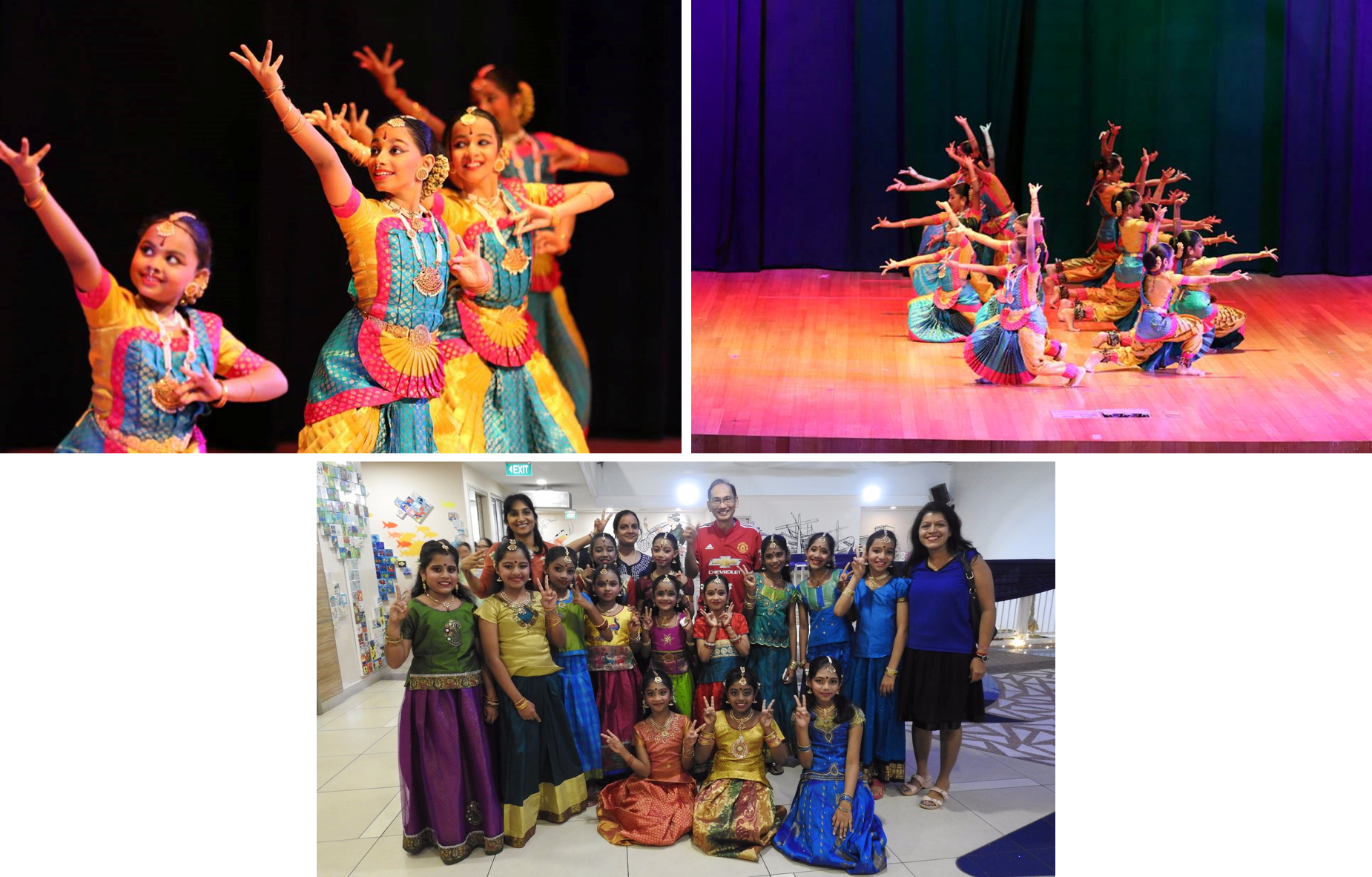 Girls in colorful traditional Indian costumes perform Bharatanatyam on stage and pose for a group photo.